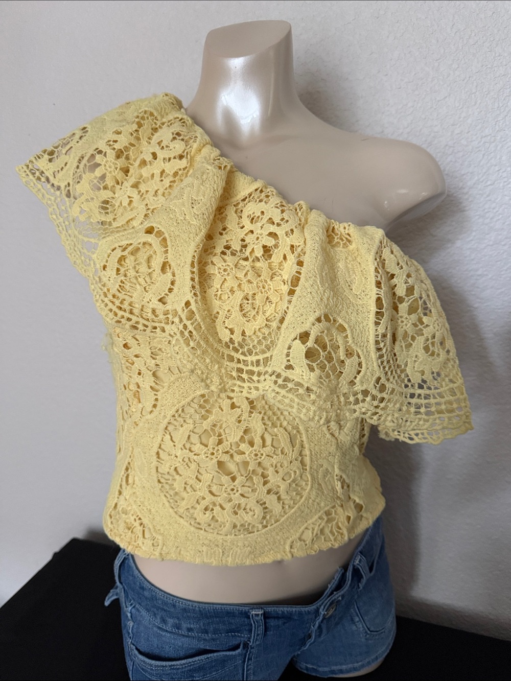 Yellow One-Shoulder Lace Crop Top